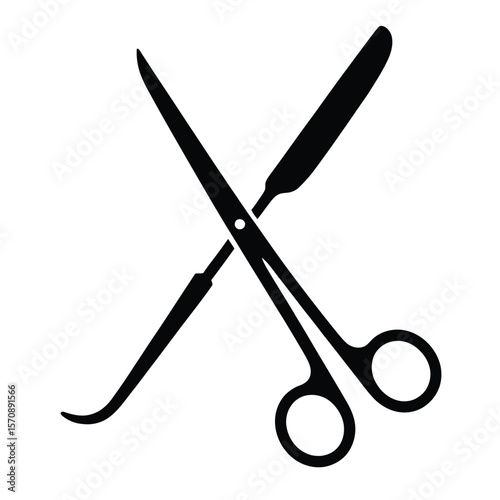 Surgical scissors and scalpel crossed, black and white vector illustration symbolizing surgery, medical tools, and healthcare instruments