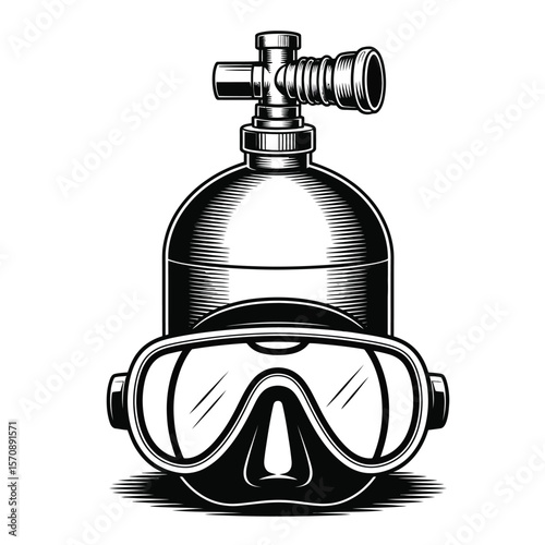Scuba oxygen tank with mask, black and white vector illustration symbolizing diving equipment and underwater exploration