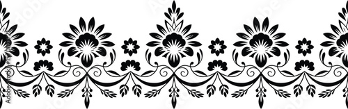 Black Floral Border Pattern with Repeating Flower and Leaf Motifs
