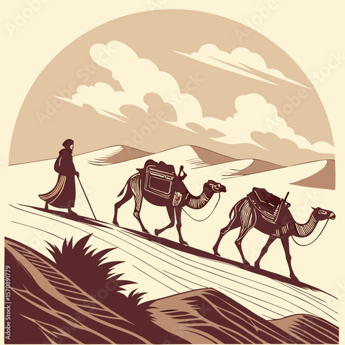 Desert Camel Caravan in Vintage Art Style – Retro Sahara Expedition Illustration, Antique Travel Poster Design, Classic Orientalist Painting, Historical Silk Road Scene, Aged Explorer Aesthetic