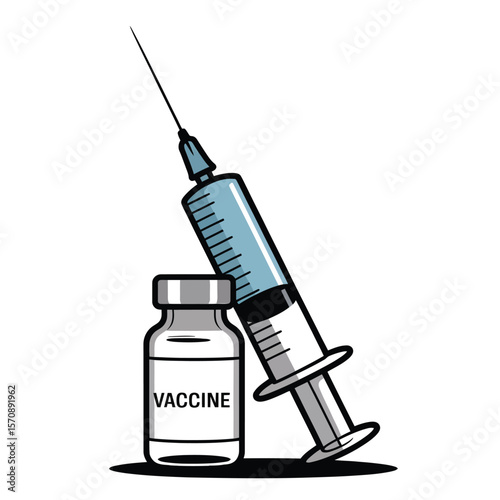 Syringe drawing from vaccine vial, black and white vector illustration representing immunization, injection, and clinical medical procedure