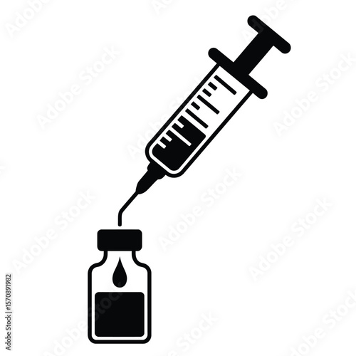 Syringe filling from medicine vial, black and white vector illustration representing medical injection and healthcare preparation