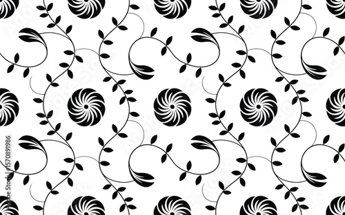 Black and white floral pattern with stylized spiral flower shapes