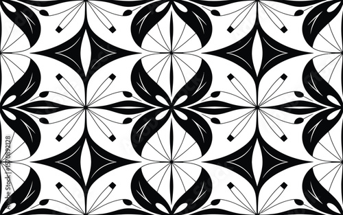 Black and White Floral Pattern with Geometric Shapes
