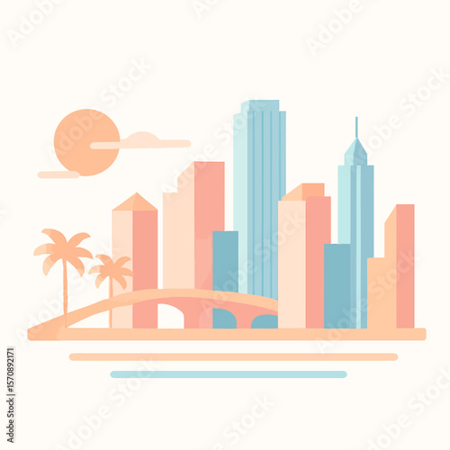 Modern City Skyline With Palm Trees At Sunset