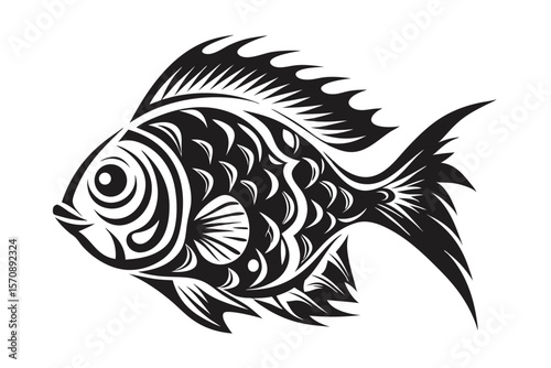 An elaborate black fish art with intricate swirls and patterns exhibits its unique design