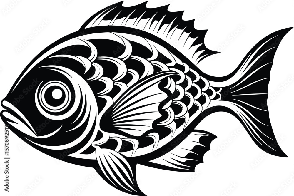 Fototapeta premium An intricately designed monochrome fish exhibits detailed scale patterns and fins with flowing lines