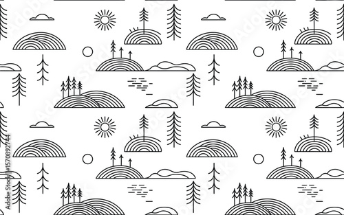 Black and White Landscape Pattern with Sun Trees and Clouds