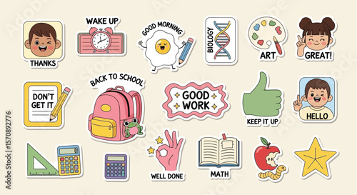 Back to school sticker set vector design with education elements and school supplies for kids and teachers