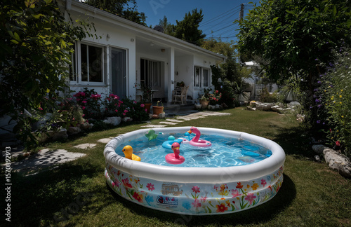 Inflatable pool with colorful floaties placed in a grassy backyard by a cozy home on a sunny day