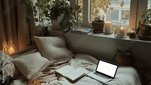 Cozy bedroom nook with laptop, book, plants, and candles