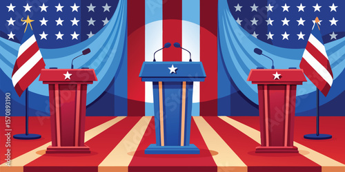 Presidential debate podiums with flags and stars microphones