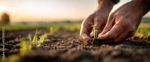The hands nurturing a seedling in rich soil at sunset.