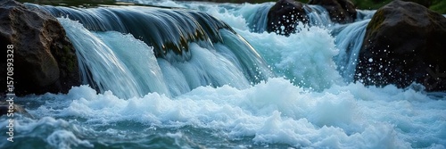 Dramatic Cascading Water Powerful Whitewater Splash Over Rocks Creates Misty Spray and Vibrant Foam.  A Dynamic Nature Image Perfect for Energy, Travel, and Adventure Themes.