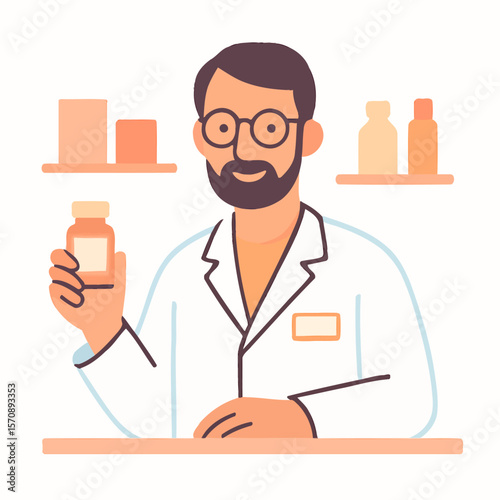 Pharmacist Holding Medicine Bottle At Pharmacy Counter