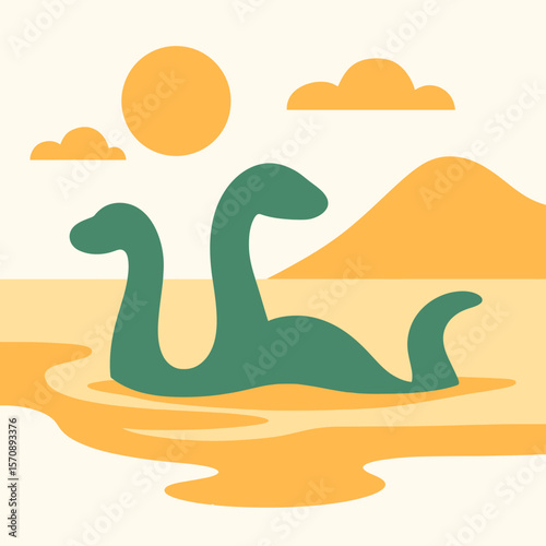 Loch Ness Monster Swimming In Golden Sunset Lake