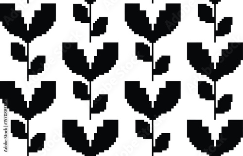 Black Pixelated Flowers and Leaves Repeating Pattern on White Background