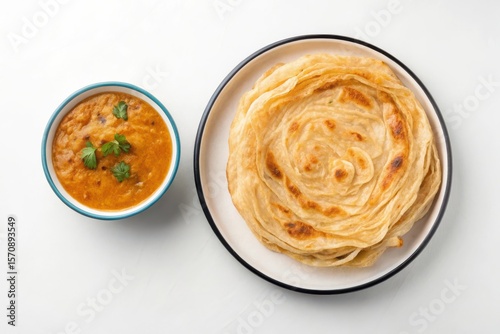 Roti Canai on Enamel Plate with Dhal Curry in Metal Bowl Flat Lay Arrangement