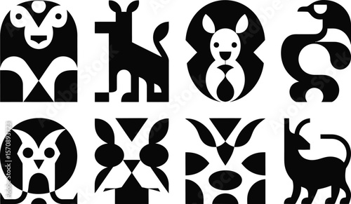 Geometric Animal Silhouettes in Black and White animals