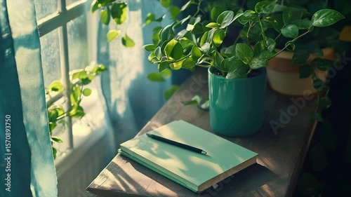 Sunlit windowsill with plants, notebook, and pen