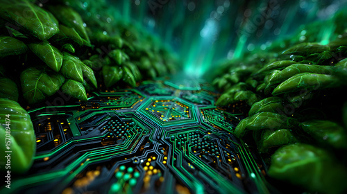 Fototapeta Naklejka Na Ścianę i Meble -  Neon circuit board jungle with glowing wires resembling vines, bio-mechanical fusion, high-tech fantasy world, ultra HD textures