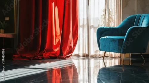 Sunlit room with teal armchair and red curtains