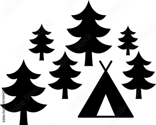Tent in Forest vector, Camping silhouette, Outdoors, Camper In Forest illustration