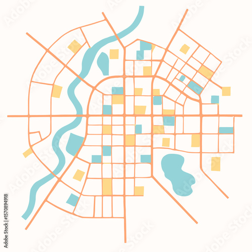 Urban City Map With Roads And Rivers