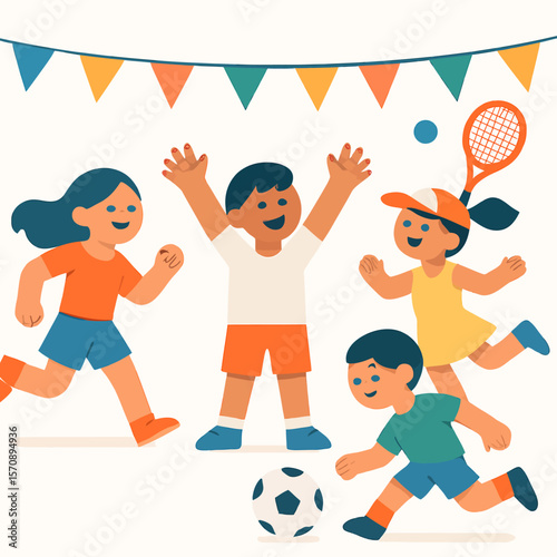 Happy Kids Playing Soccer And Tennis Outdoors