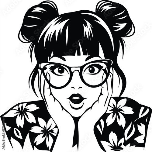 Animated girl with glasses rests chin on hands wearing a floral shirt