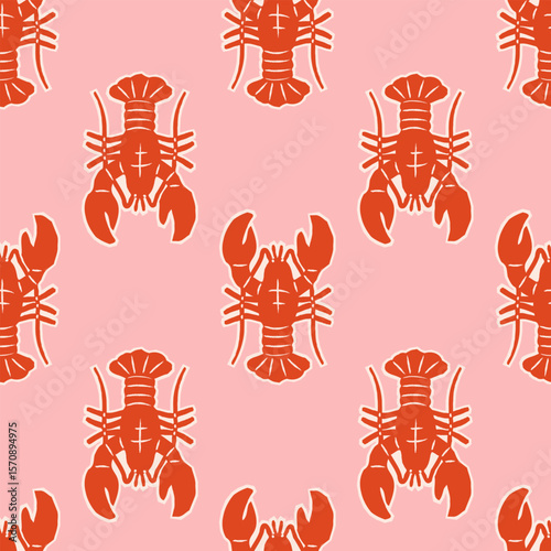 Seamless vector pattern with abstract lobster illustration. Hand drawn seafood on pink background. Mediterranean summer print for wallpaper, wrapping paper, textile design