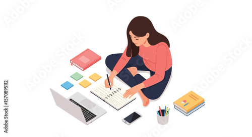 Woman studying online at home with laptop, notebook, and books, home education and e learning concept art