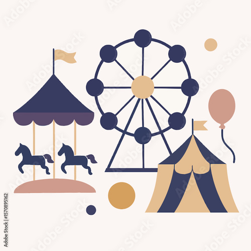 Amusement Park Fun With Carousel And Ferris Wheel