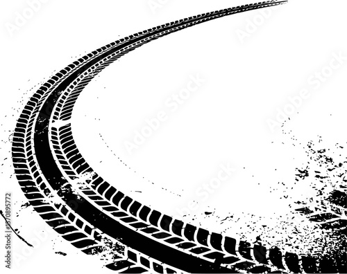 Black tire tracks on a white background creating a sense of speed and movement