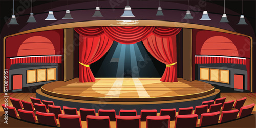 Red curtains stage with audience seating auditorium