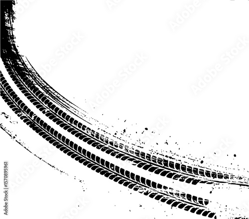 Black tire tracks on white background textured grunge graphic design