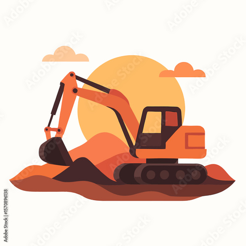 Excavator Working At Construction Site Sunset