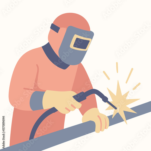 Worker In Protective Gear Welding Metal Pipe