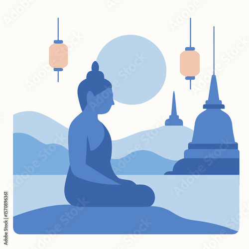 Buddhist Monk Meditating In Serene Temple Landscape