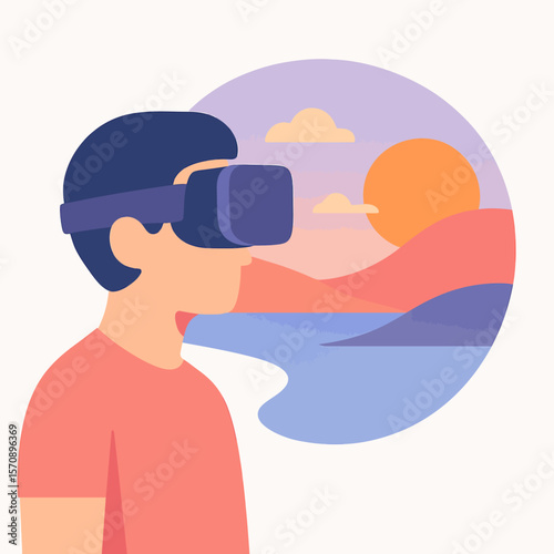 Young Man Experiencing Virtual Reality At Sunset
