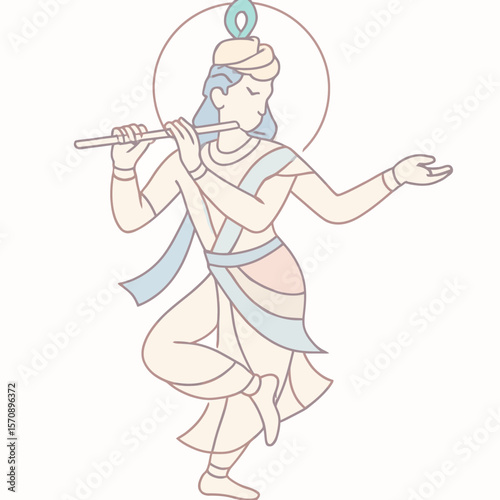 Minimalist Krishna Playing Flute Line Art