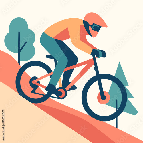 Mountain Biker Riding Downhill In Forest