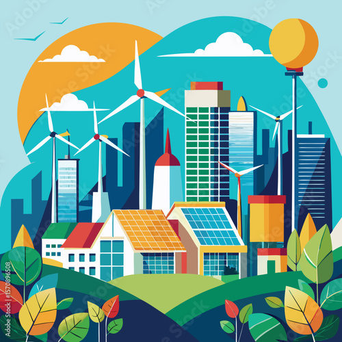 A colorful vector illustration depicts an urban landscape with modern city buildings and trees, showcasing vibrant real estate and architectural design