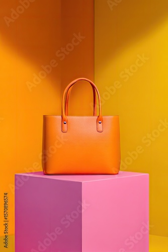 Vibrant orange leather tote bag rests on a pink cube against a bold yellow and orange backdrop, illuminated by a dramatic light source