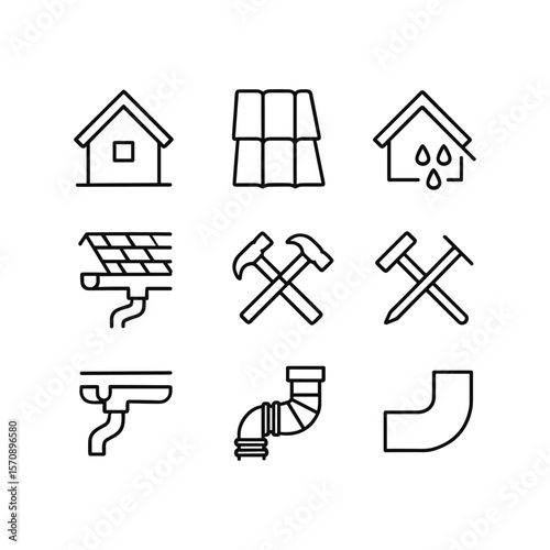 Roof construction and drainage system icons. Outline symbols. Line design