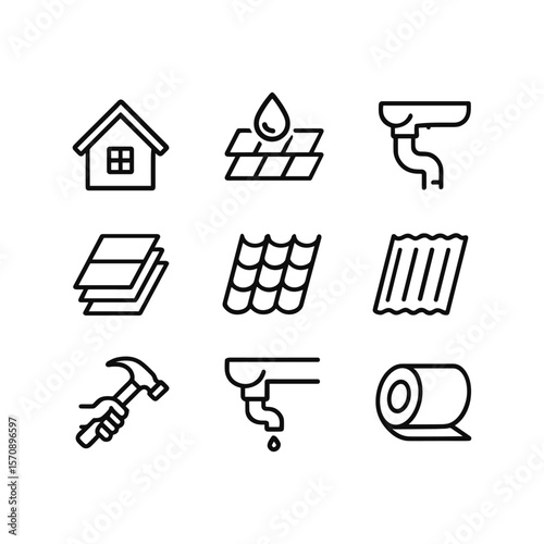 Gutter system and roofing equipment icons. Outline symbols. Line design