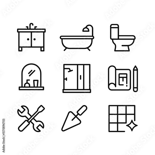 Bathroom icons collection with sanitary fixtures and accessories. Outline symbols. Line design