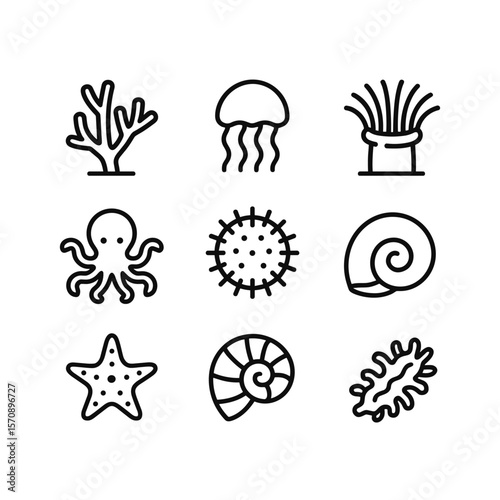Underwater invertebrates icon set with marine organisms. Outline symbols. Line design