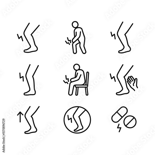 Leg cramps icons with pain and muscle strain symbols. Outline symbols. Line design