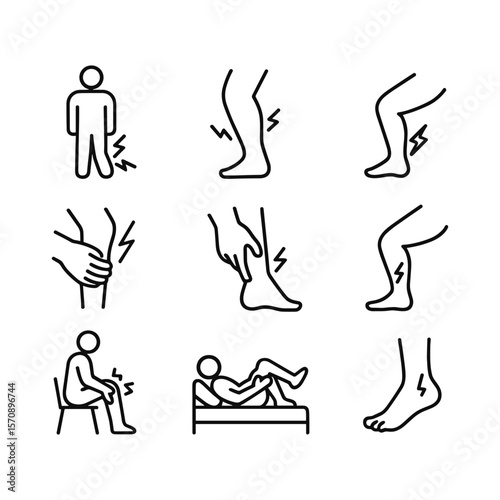 Muscle cramps icon collection with leg pain symbols. Outline symbols. Line design